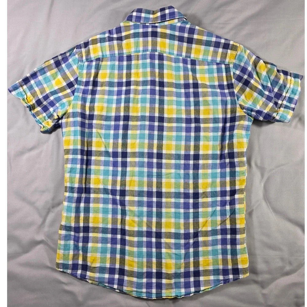 Banana Republic Linen Blend Short Sleeve Plaid Shirt Mens Small Yellow Blue